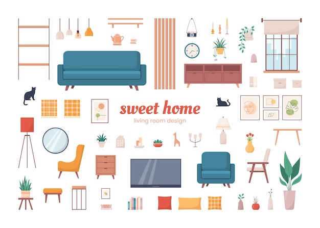 Acogedor conjunto de objetos de diseño de interiores para el hogar Interior de la sala de estar Ilustración vectorial en estilo plano