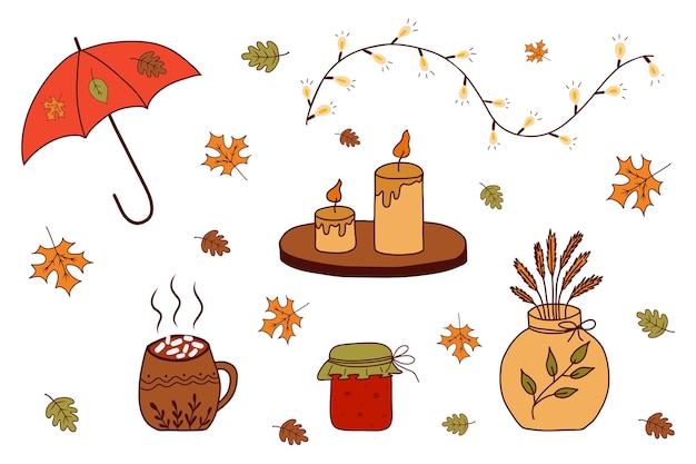 Acogedor conjunto vectorial de iconos otoñales que caen hojas guirnaldas bayas velas paraguas botas de goma