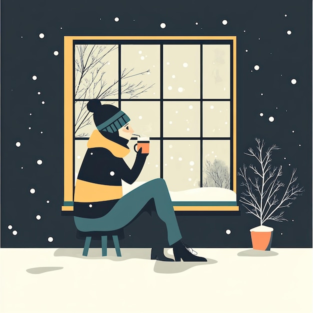 Acogedor día de invierno Mujer bebiendo una bebida caliente junto a la ventana