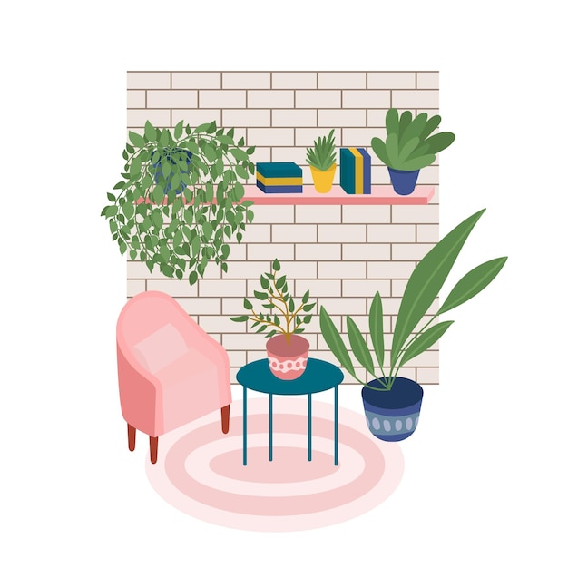 Acogedor diseño interior de terraza interior de sala de estar de estilo plano lindo sillón mesita de café plantas de casa alfombra rosa