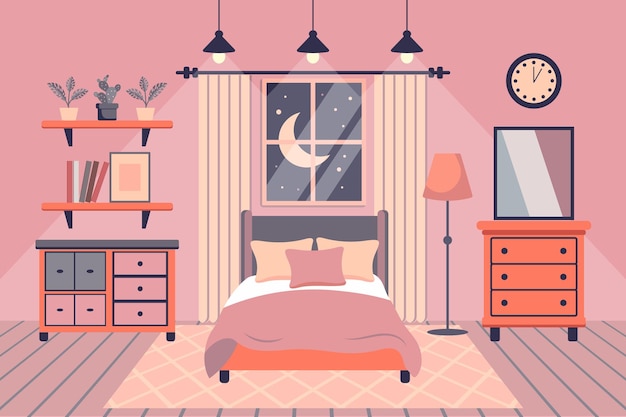 Acogedor dormitorio dormitorio interior cama con almohadas alfombra mesas de noche armario ventana