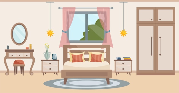 Acogedor dormitorio dormitorio interior cama tocador con silla alfombra plantas en macetas armario
