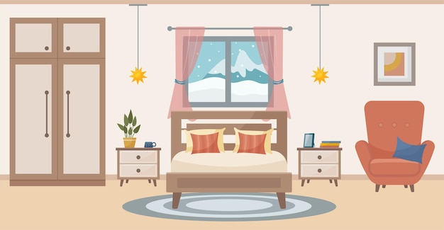 Acogedor dormitorio dormitorio interior cama tocador con silla alfombra plantas en macetas armario
