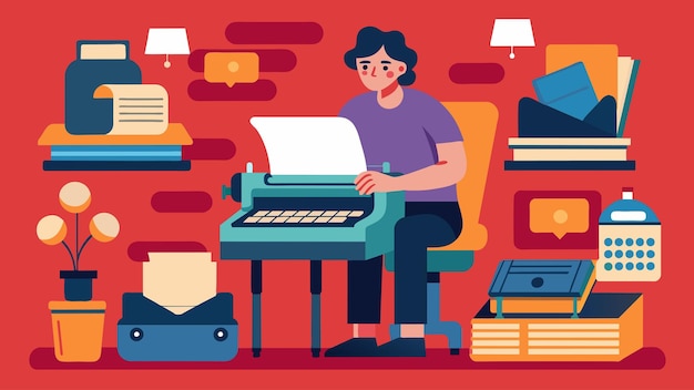 Vector en un acogedor estudio un escritor se sienta rodeado de una variedad de máquinas de escribir de diferentes épocas cada una