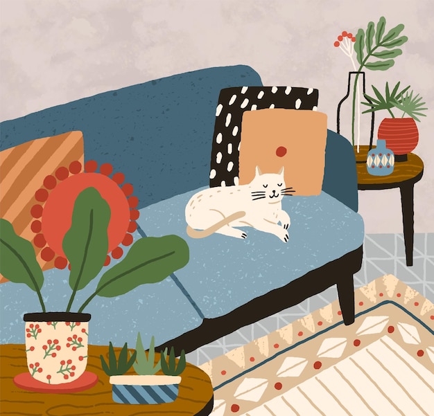 Acogedor interior de apartamento con cómodo sofá, plantas de interior y flores en jarrón. Gato durmiendo en un cómodo sofá en la sala de estar hygge. Ilustración texturizada vectorial plana del diseño moderno del hogar.