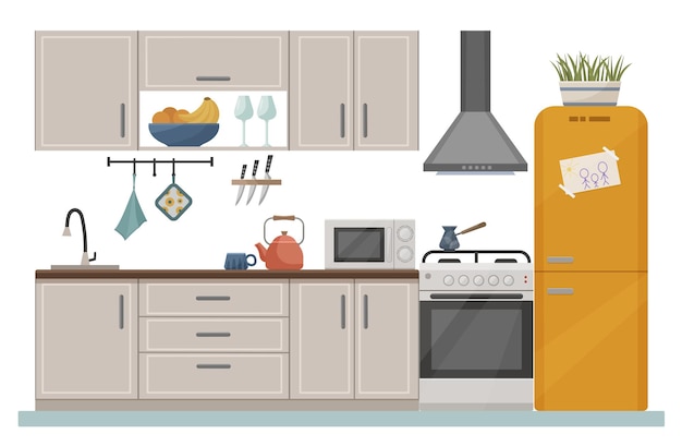 Acogedor interior de cocina con estufa de muebles y cajón Decoración para la cocina Muebles de cocina