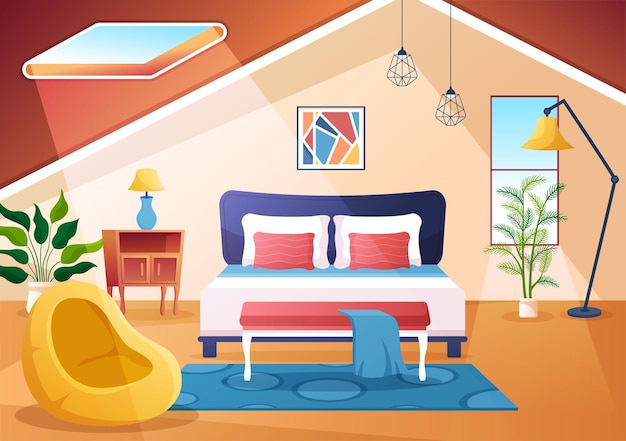 Acogedor interior de dormitorio con muebles como cama armario estilo moderno en ilustración vectorial de dibujos animados