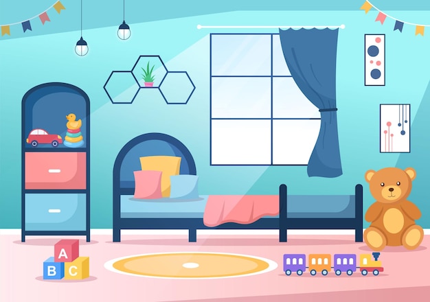 Vector acogedor interior de dormitorio para niños con muebles de estilo moderno en ilustración vectorial de dibujos animados