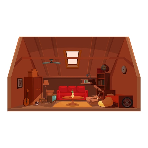 Acogedor interior de la habitación del ático amueblado en estilo retro con vigas de madera para el techo