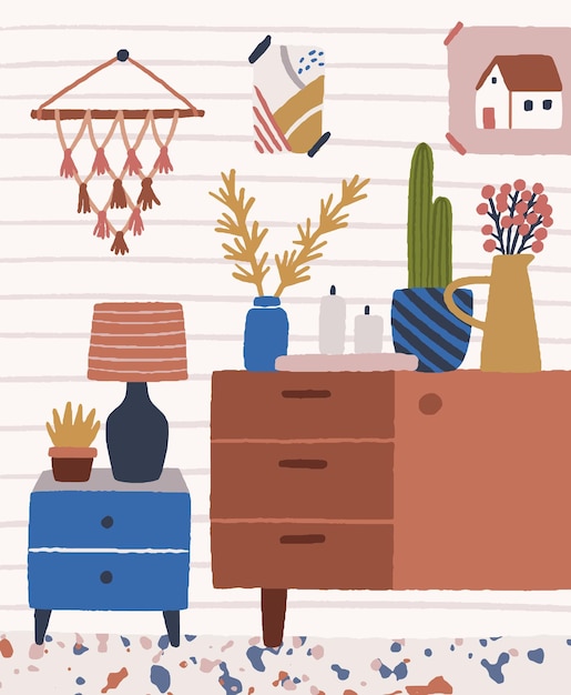 Acogedor interior de habitación con cómoda de madera y jarrones con flores. Recibidor o dormitorio con mesita de noche y paredes decoradas en estilo hygge. Ilustración texturizada vectorial plana del diseño del hogar.
