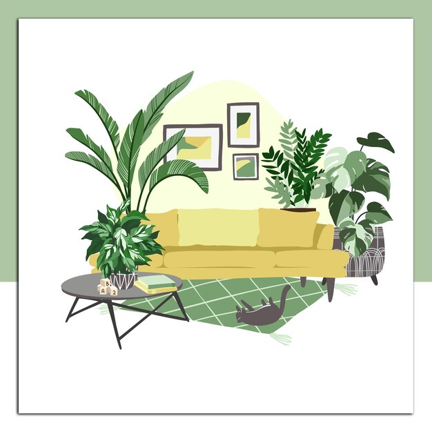 Vector acogedor interior de la habitación scandi con muchas plantas en ollas