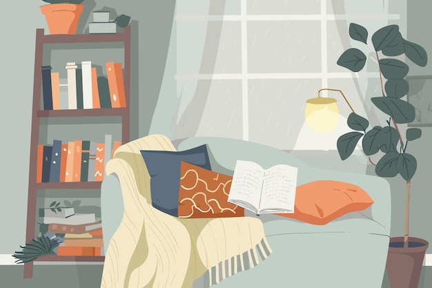 Acogedor interior del hogar Sillón con abrigos cálidos libros en el estante y vela encendida