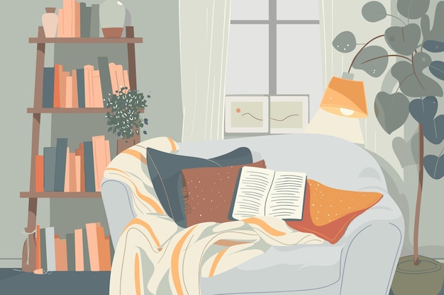 Acogedor interior del hogar Sillón con abrigos cálidos libros en el estante y vela encendida