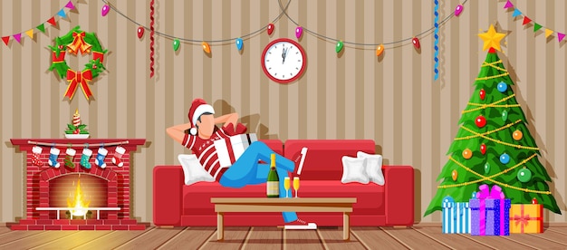 Acogedor interior de la sala de estar con un hombre en un sofá, mesa, chimenea, árbol de Navidad, feliz año nuevo, decoración, feliz Navidad, vacaciones, año nuevo y Navidad, celebración, caricatura, plano, vector, ilustración