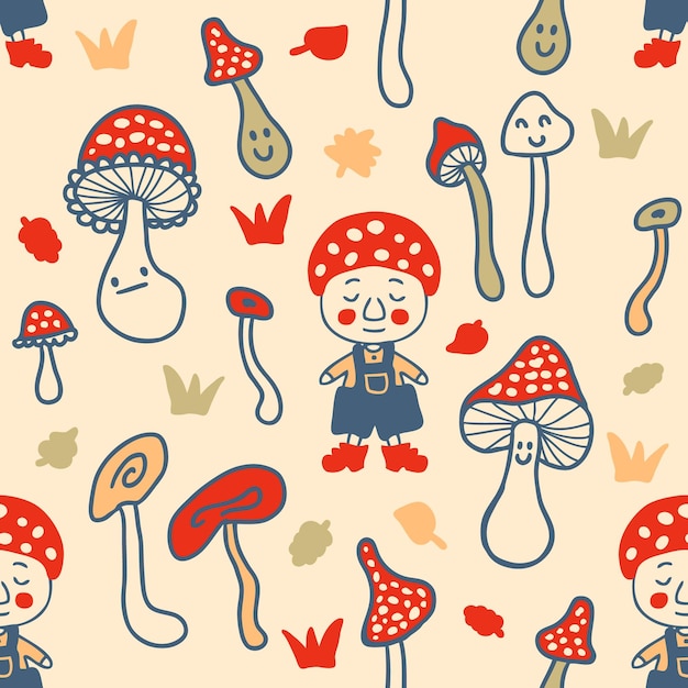 Acogedor patrón sin costuras con gnomos y hongos agáricos Impresión perfecta para papel textil y tela Ilustración vectorial dibujada a mano para diseño de superficie