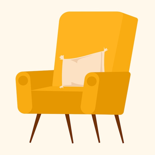 Acogedor sillón amarillo con almohada. Ilustración vectorial.