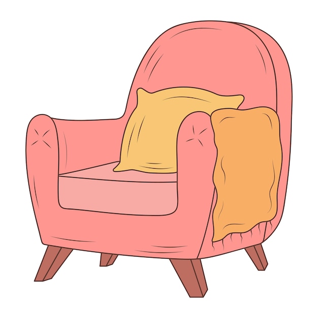 Acogedor sillón hygge con almohada y tela escocesa Ilustración dibujada a mano en estilo garabato