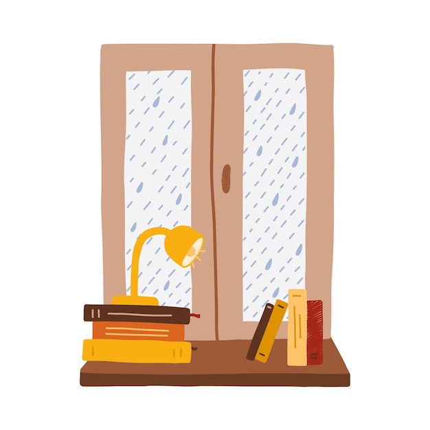 Acogedor símbolo de otoño y ambiente acogedor en casa ventana con lluvia fuera de vidrio y lámpara de libros en el alféizar de la ventana ilustración dibujada a mano de hygge se puede utilizar para la impresión de álbumes de recortes de pegatinas de tela