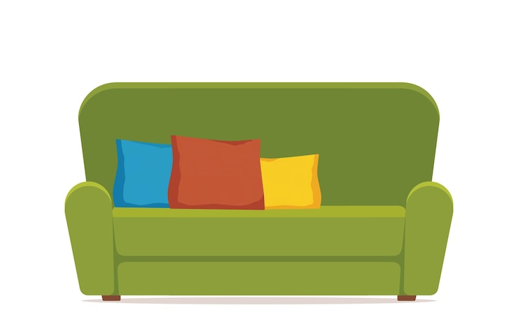Vector acogedor sofá verde con cojines de colores cómodo sofá muebles para sala de estar