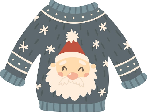 Acogedor suéter azul de Navidad con un alegre diseño de Papá Noel adornado con copos de nieve y detalles festivos perfecto para celebrar la temporada de vacaciones con estilo