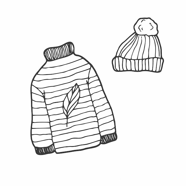 Acogedor suéter y sombrero de punto. Dibuje a mano ropa acogedora de lana de otoño o invierno en estilo garabato para usted