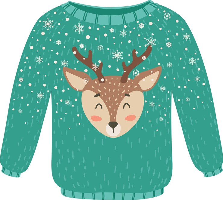 Vector acogedor suéter verde navideño con una encantadora cara de reno rodeado de juguetones copos de nieve que crean un aspecto delicioso para celebraciones festivas y alegres vacaciones de invierno