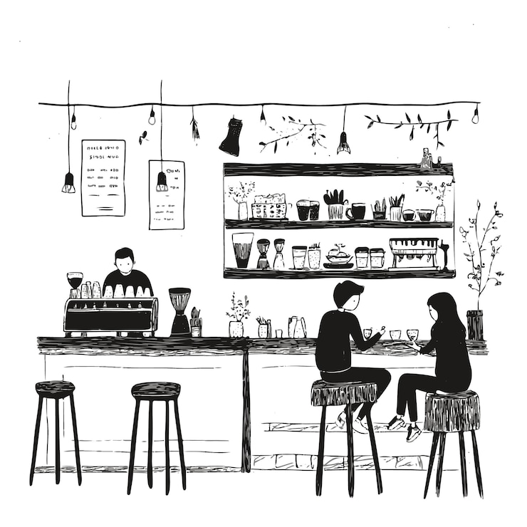 Vector acogedora cafetería bar de café ilustración vectorial dibujada a mano en blanco y negro