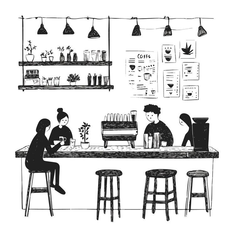 Vector acogedora cafetería bar de café ilustración vectorial dibujada a mano en blanco y negro