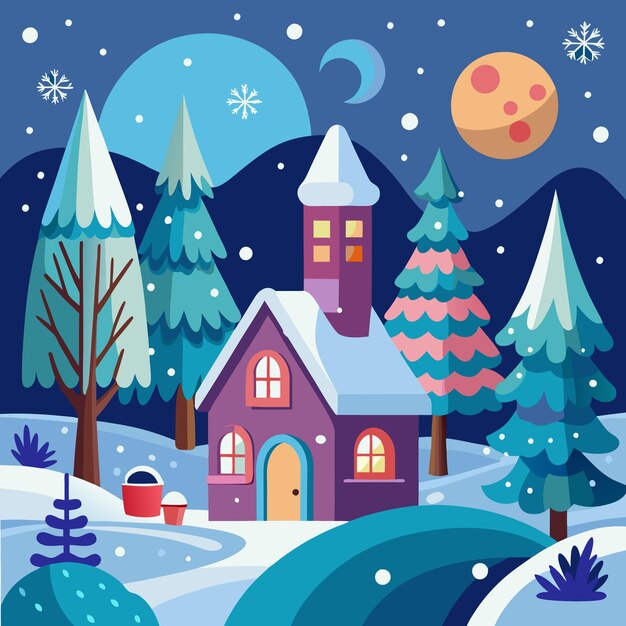 Acogedora casa de invierno con árboles cubiertos de nieve y luna