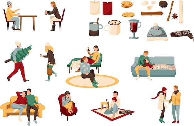 Acogedora colección plana de invierno de íconos aislados con personas que usan ropa de abrigo velas y bebidas ingredientes ilustración vectorial