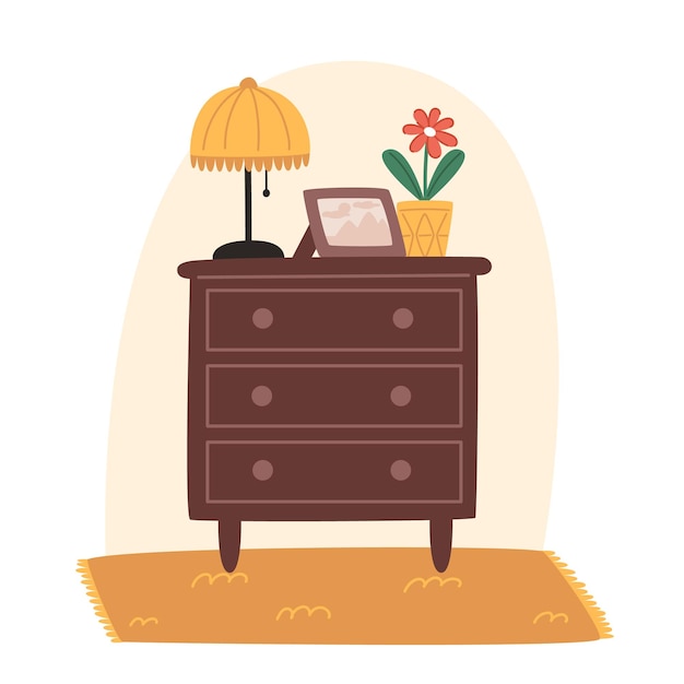 Acogedora cómoda de madera con marco de fotos y lámpara de mesa de estilo plano