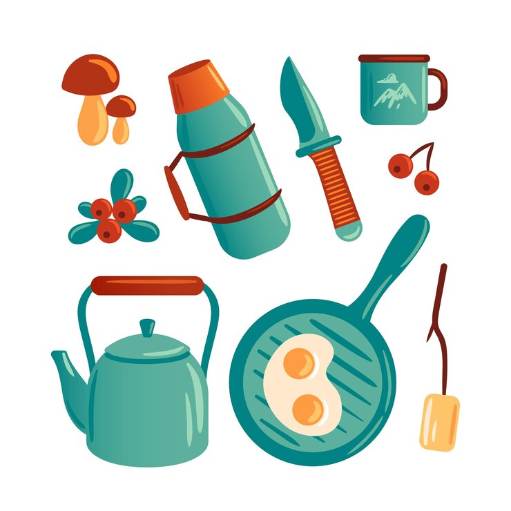 Vector una acogedora escena de cocina al aire libre con una sartén con huevos un termo un cuchillo una taza de metal una tetera