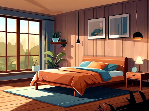 Una acogedora escena de dormitorio con ilustraciones de dibujos animados aislados