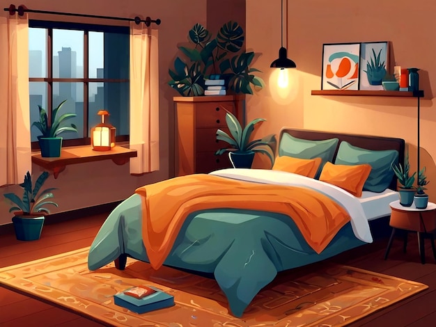 Una acogedora escena de dormitorio con ilustraciones de dibujos animados aislados