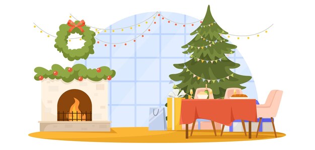 Una acogedora escena navideña con un árbol decorado, una chimenea, regalos y una cena festiva contra un gran telón de fondo de ventana Ilustración vectorial Ilustración vectoral