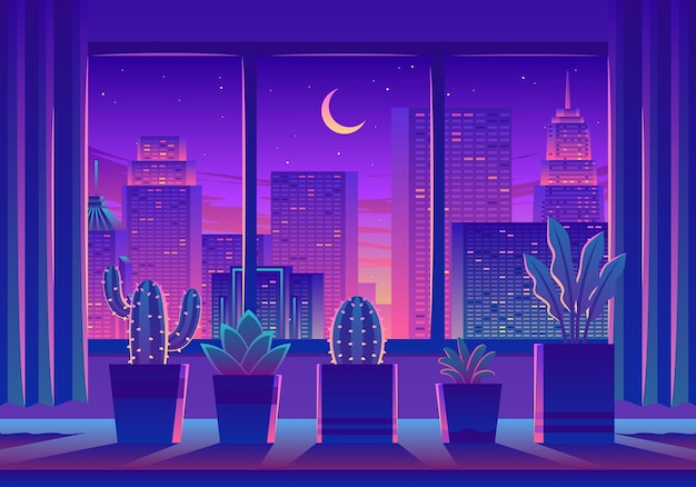 Acogedora habitación con paisaje de la ciudad desde la ilustración de la ventana