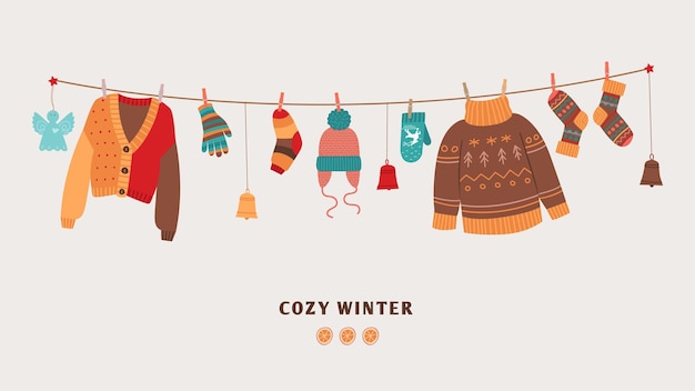 Acogedora pancarta de invierno con suéteres cálidos de punto en una cuerda Ropa y accesorios de temporada calcetines y mitones juguetes de navidad Lindos elementos vectoriales cálidos en una cuerda Ilustración acogedora de suéter de invierno
