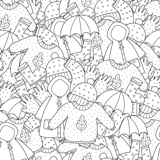 Acogedora ropa de otoño de patrones sin fisuras. doodle ropa de abrigo página para colorear. fondo blanco y negro