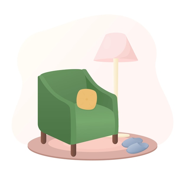Acogedora silla de casa para relajarse con alfombra de lámpara y zapatillas Ilustración vectorial