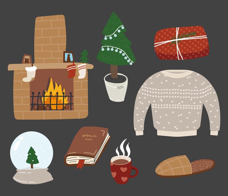 Acogedoras pegatinas de la temporada navideña, iconos dibujados a mano aislados y símbolos de las vacaciones de invierno, ilustración vectorial