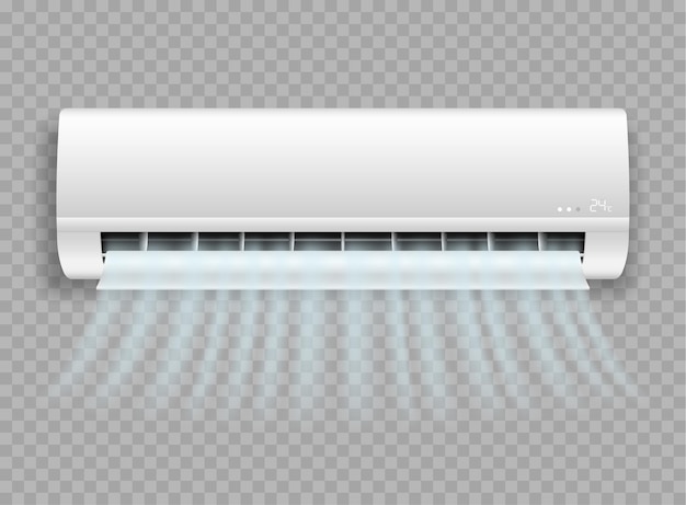 Vector acondicionador de aire entregando en la pared que sopla el icono realista de viento fresco. sistema split para climatización con caudales fríos aislado sobre fondo transparente. ilustración vectorial