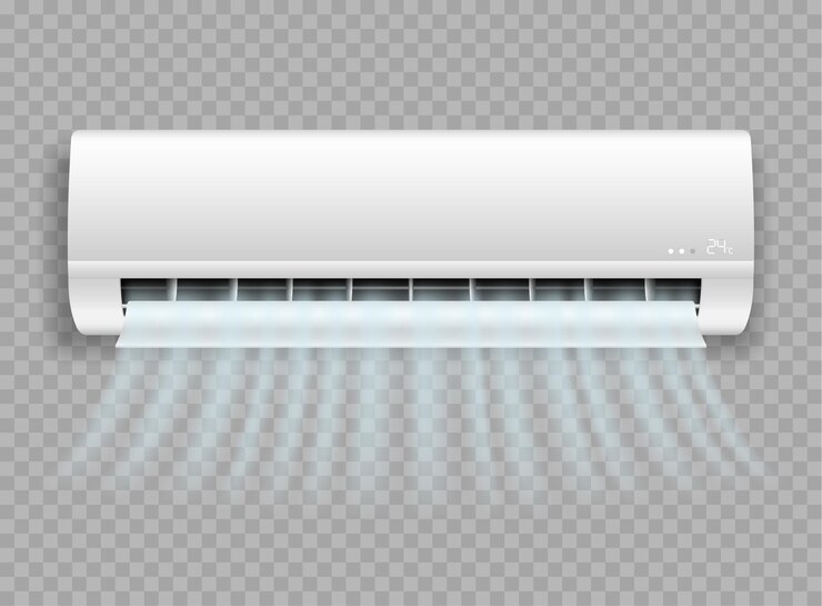 Vector acondicionador de aire entregando en la pared que sopla el icono realista de viento fresco. sistema split para climatización con caudales fríos aislado sobre fondo transparente. ilustración vectorial