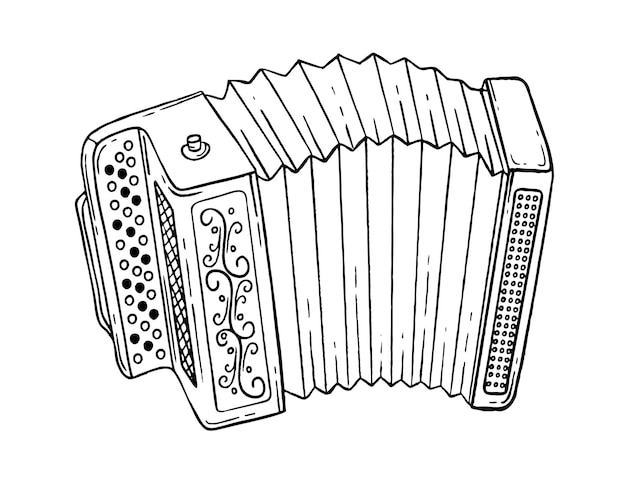 El acordeón es un instrumento musical al estilo de un garabato blanco y negro vectorial dibujado a mano
