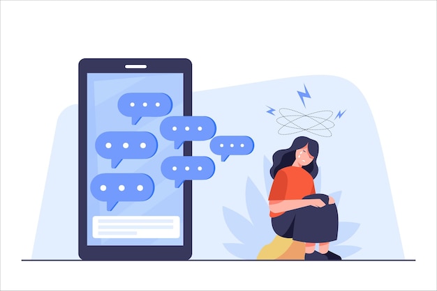 Acoso cibernético en redes sociales y abuso en línea Mujer triste sentada y llorando al lado del teléfono móvil en la pantalla rodeada de burbujas de mensajes de haters Acoso cibernético por mensaje de teléfono inteligente