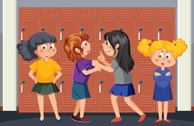 Vector acoso escolar con personajes de dibujos animados de estudiantes
