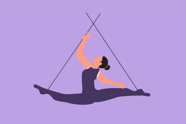 El acróbata femenino de dibujo plano del personaje actúa en el trapecio mientras baila y separa las piernas. Se necesita coraje y riesgos. Espectáculo de circo. Entretenimiento. Diseño de dibujos animados. Ilustración vectorial.