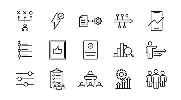Action plan linear icon set Strategy planning analysis goal business target outline icon collection