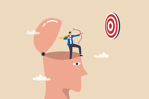 Actitud de mentalidad de éxito para lograr la meta o el desafío del objetivo para tener éxito en la mentalidad de crecimiento del trabajo o líder de pensamiento y concepto de determinación coraje empresario tiro con arco apuntando al bot para alcanzar el objetivo