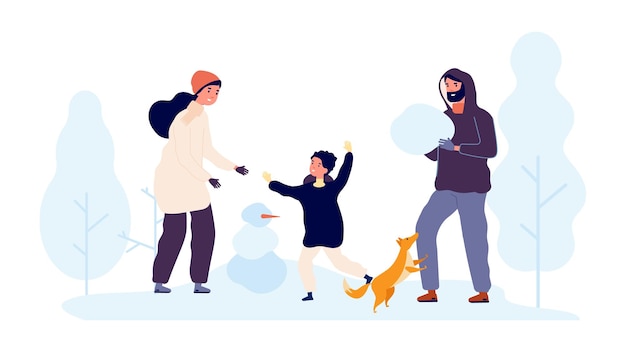 Vector actividad al aire libre de invierno. familia construye muñecos de nieve en el parque cubierto de nieve.