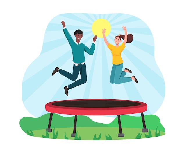 Actividad al aire libre de verano Una pareja multirracial está saltando en trampolín acrobacias deportivas